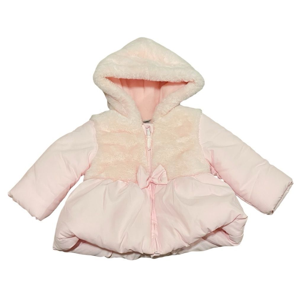 Little Me Pink Puff Zip Up Hoodie Coat Jacket With Faux Fur Detail 12M